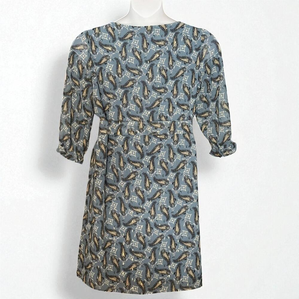 Marella Iser Paisley Print Belted Dress Sz 6 Blue Metallic Boat Neck Half Sleeve - Picture 7 of 8